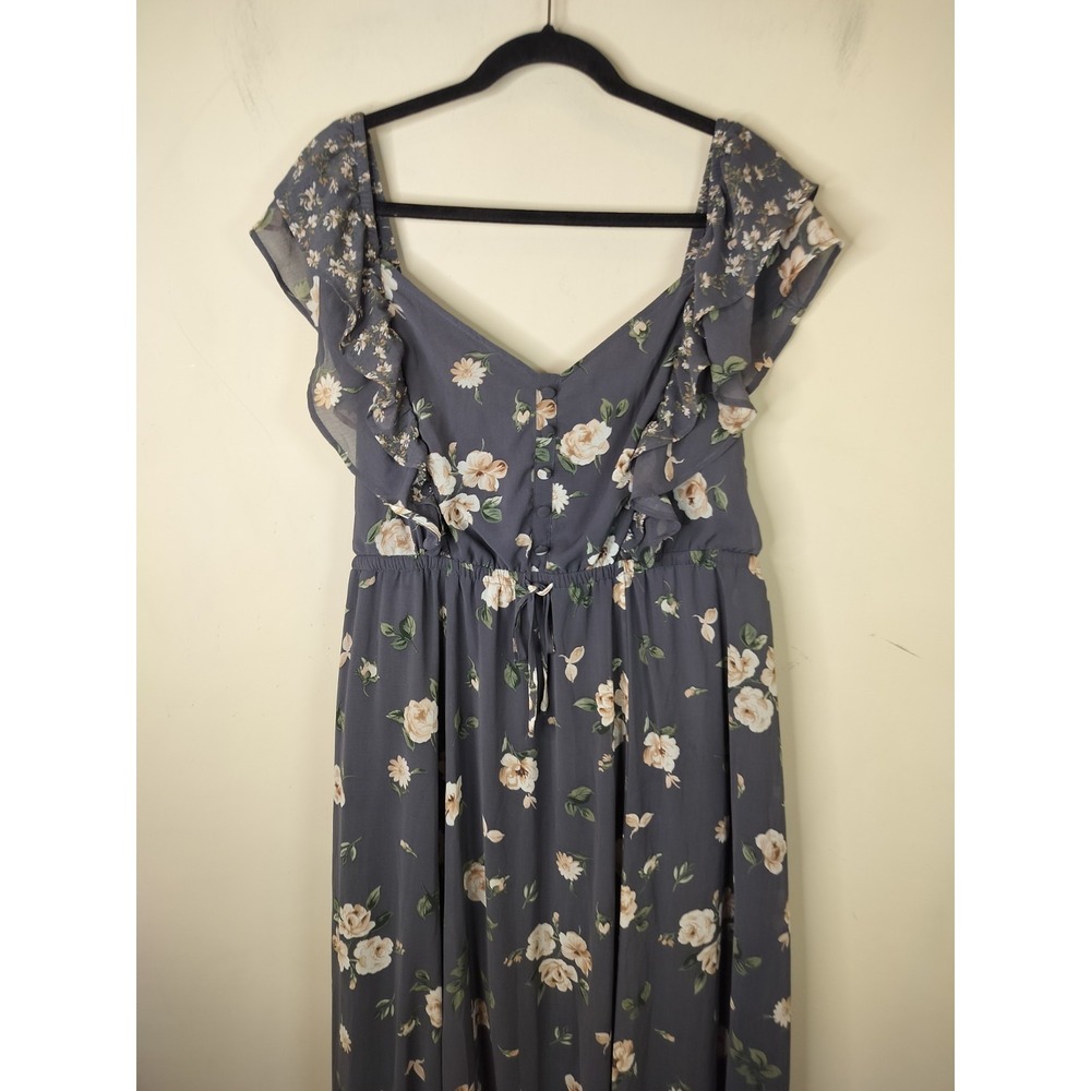 Torrid Gray Floral Chiffon Maxi Dress Ruffled Flutter Sleeve - Picture 3 of 12